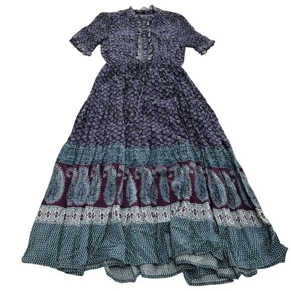 eShakti Dress Womens 2 Purple Blue Paisley Boho Maxi Indian Rayon Cotton Pockets - Picture 1 of 7